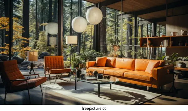 Modern Living Room with Forest View and Large Windows