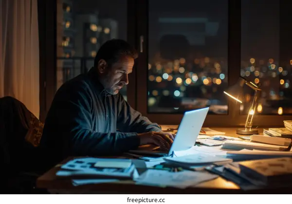 Man working late on laptop in home office with city lights in the background