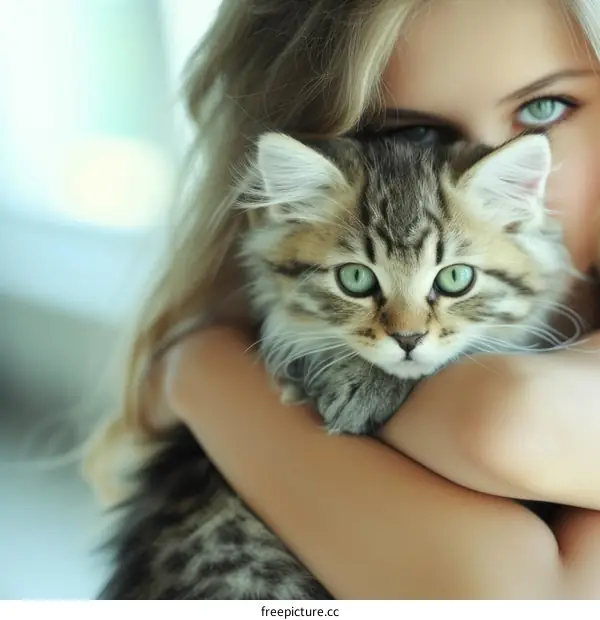 portrait of a young blonde girl hugging a tabby cat