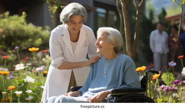 Smiling Elderly Woman in Wheelchair with Caregiver in Garden