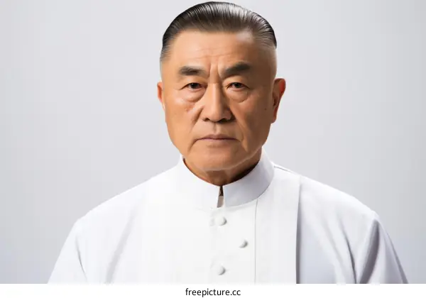 Portrait of a serious looking Asian man in a white shirt