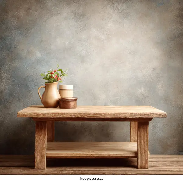Wooden Table with Decorative Vase and Boxes