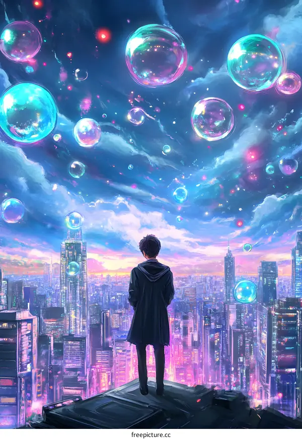 Man Standing On Rooftop Looking At Cityscape With Bubbles