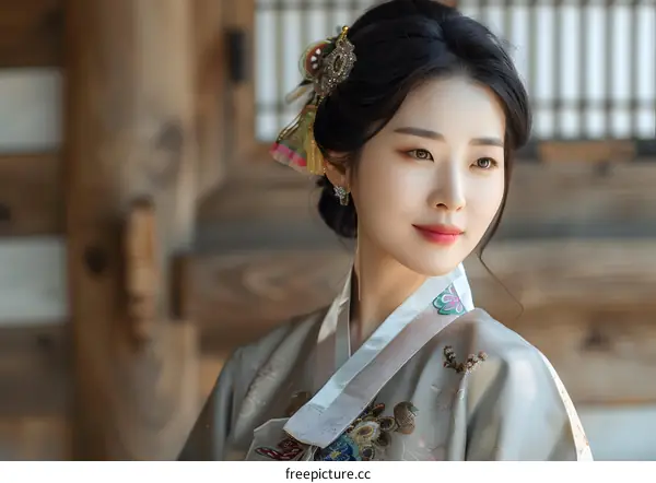 Portrait of a young Korean woman in traditional dress, smiling