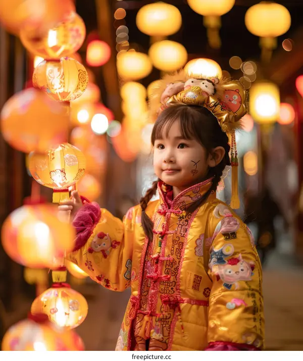 A little girl in a traditional Chinese dress holding a lantern