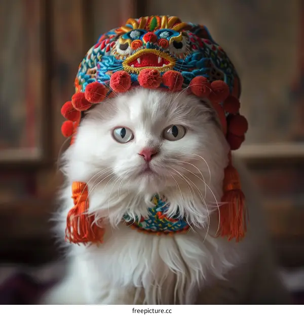 A white cat wearing a colorful hat with a dragon design