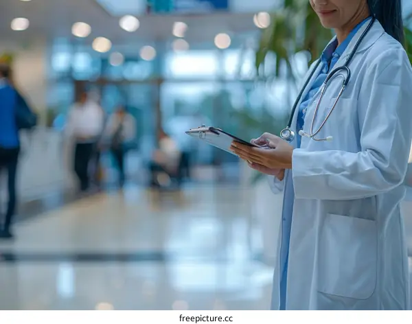 Female Doctor Reviewing Medical Records on a Hospital Tablet