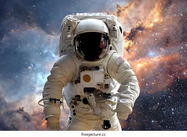 Astronaut in Space Suit Against Cosmic Nebula