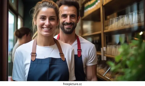 Portrait of a smiling young couple standing in a grocery store