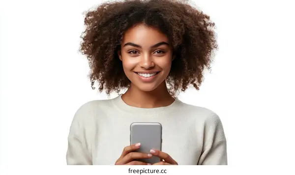 Smiling Black Woman Holding Smartphone