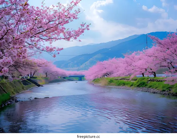 Cherry Blossoms by the River in Japan