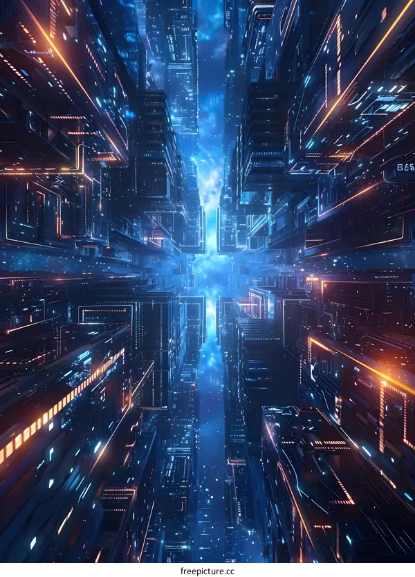 A digital illustration of a city of the future with tall buildings and bright lights