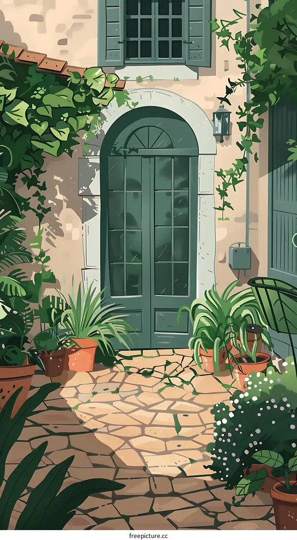 Green Door Entrance to a Stone Courtyard with Lush Greenery