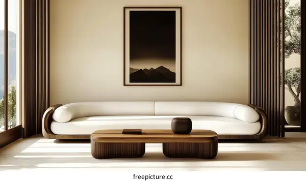 Modern Minimalist Living Room with Curved Sofa and Wooden Coffee Table