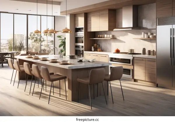 Modern kitchen with large island and wood cabinets