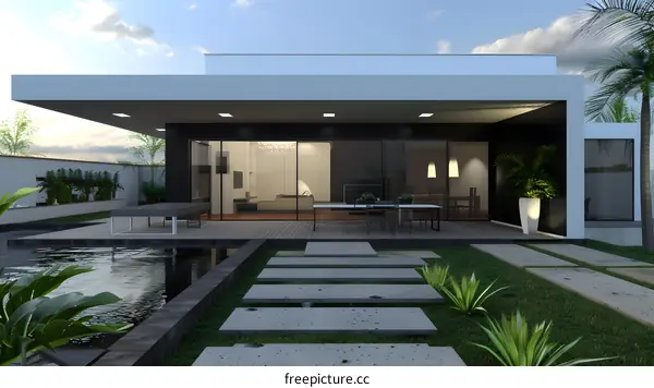 Modern Minimalist Home Exterior Design with Patio and Pond