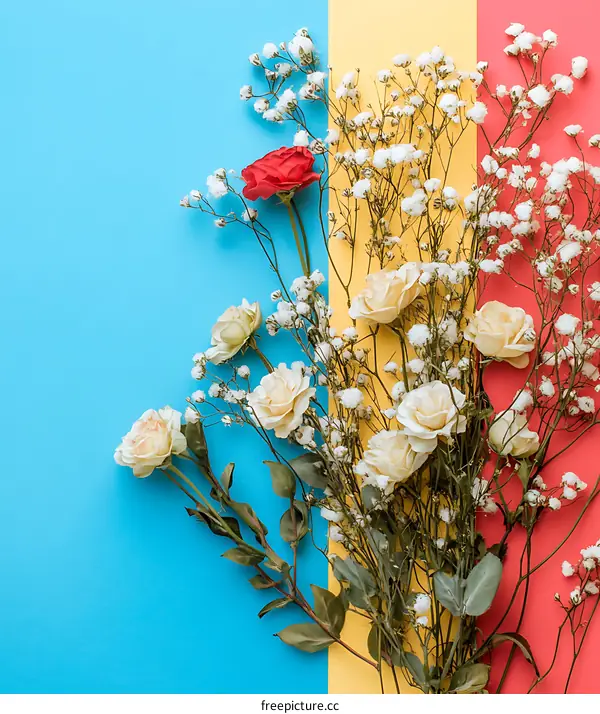 White and Red Flowers on Blue Yellow and Red Background