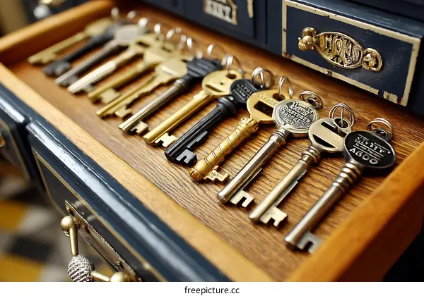 Antique Keys in a Wooden Drawer