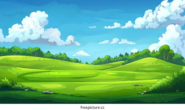 Cartoon Illustration Of A Green Golf Course With Blue Sky And White Clouds