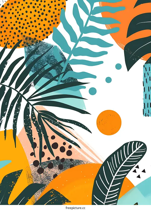 Abstract Tropical Summer Illustration with Palm Leaves and Geometric Shapes