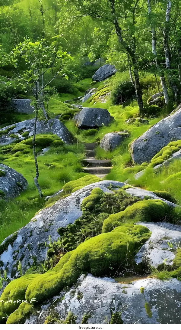 Green Moss Covered Rocks And Stone Steps In A Forest