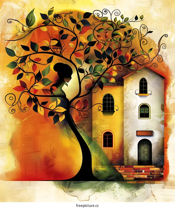 Woman silhouette standing by a tree and house