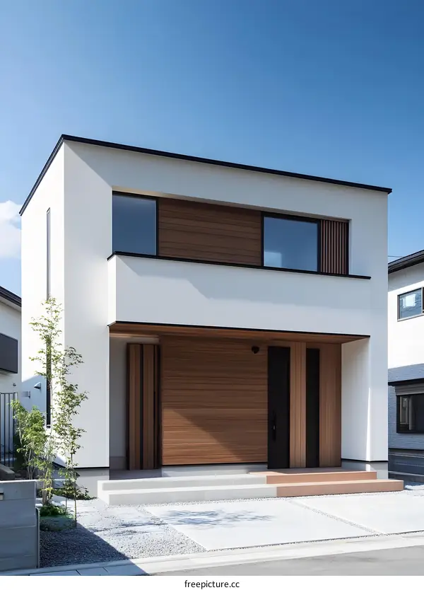 Modern Minimalist White House with Wooden Facade