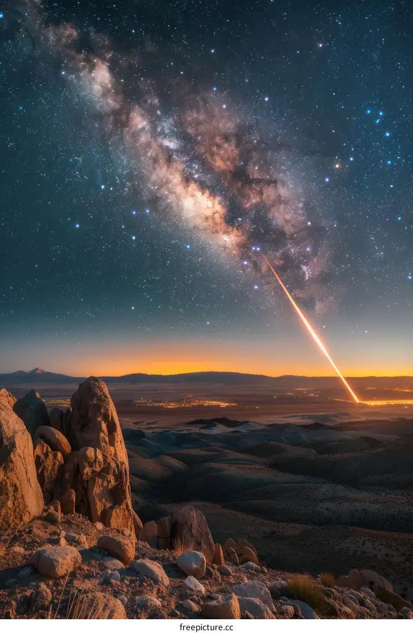 Rocket launch at night over city lights and mountains