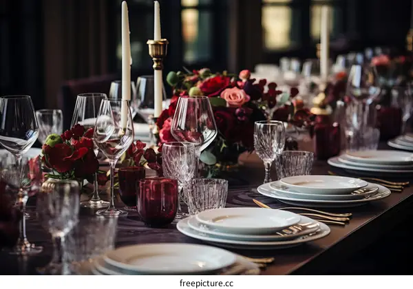 Elegant table setting with red and pink flowers
