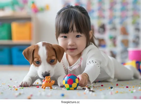 Little girl playing with a puppy