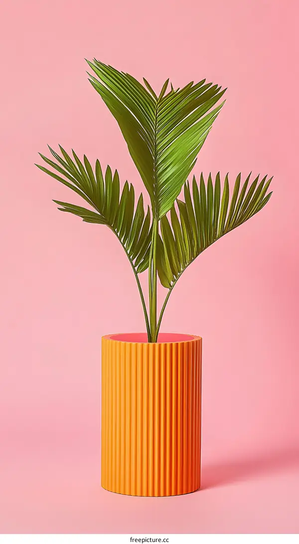 Palm Plant in Orange Pot Against Pink Background