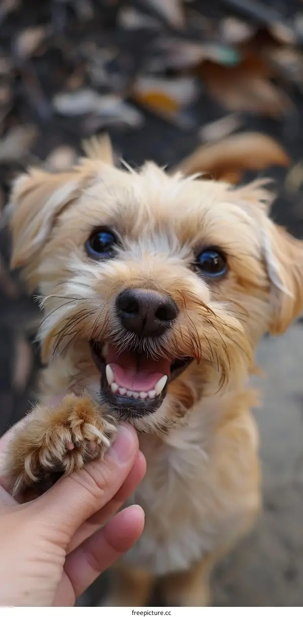 A cute dog is giving a paw to a human