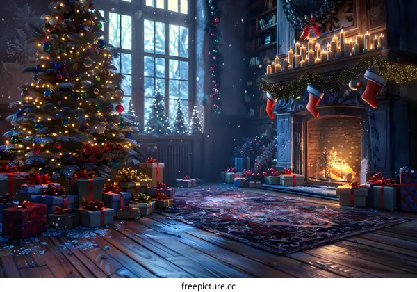 Christmas tree by the fireplace