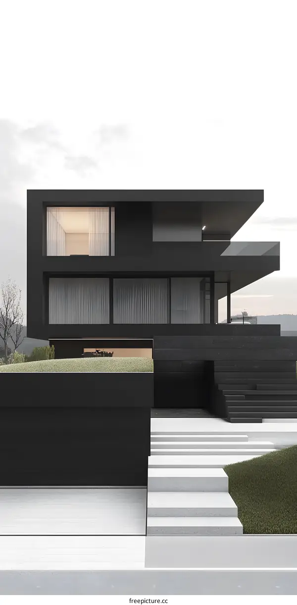 Modern Black House with Large Windows and Stairs