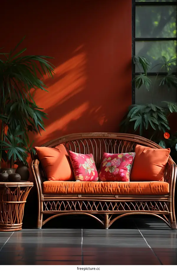 A beautiful living room with a red wall, a wicker sofa, and plants