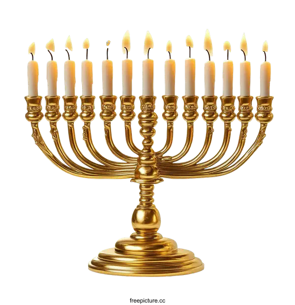 [Transparent Background PNG]Gold Hanukkah Menorah with Lit Candles