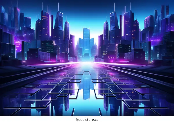 futuristic city illustration with skyscrapers and lights