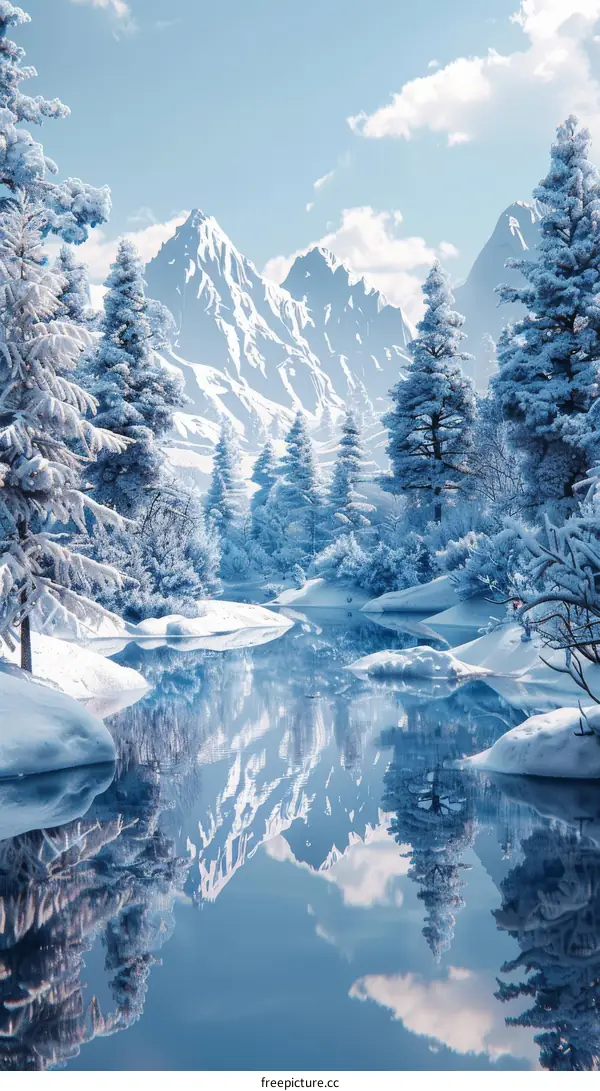 Frozen River Winding Through a Snow-Capped Mountain Pine Forest
