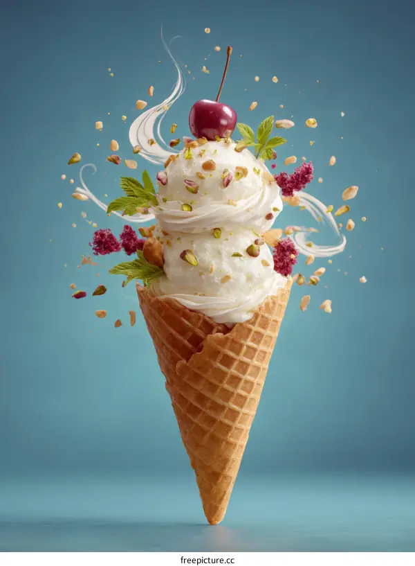 Ice Cream in Waffle Cone with Flying Decorations