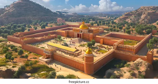 Aerial View of Ancient Palace Complex with Golden Dome