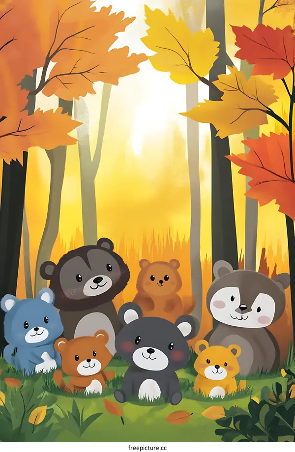 Cute Bears in the Autumn Forest