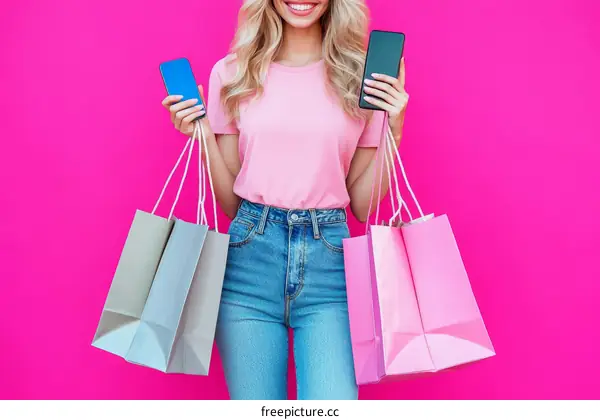 Shopping Woman with Bags and Mobile Phones Against Pink Background