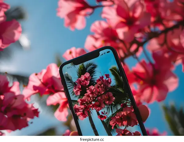 Phone Screen Capturing Palm Tree And Flowers