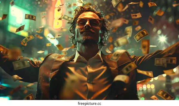 Ecstatic man celebrating his wealth with money raining down on him