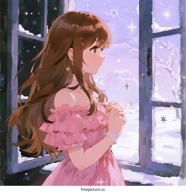 A Young Girl in Pink Dress Looking Through Window at Snowy Scenery