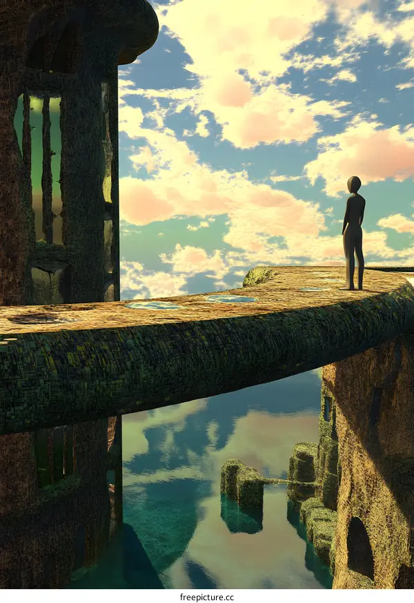 Fantasy Architecture With Person Looking Over The Horizon