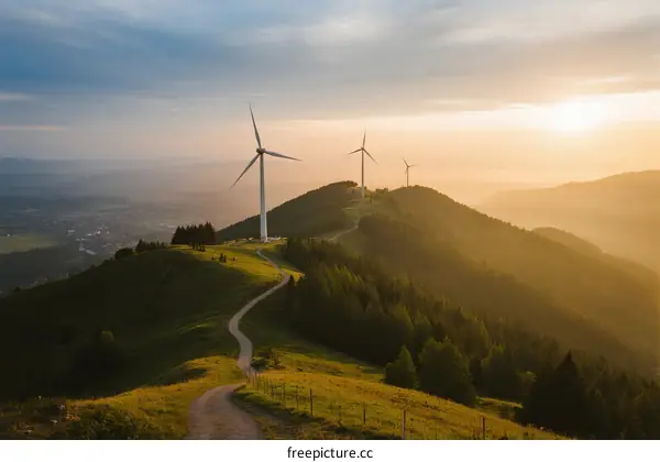 Sunset view of wind turbines on a green mountain ridge