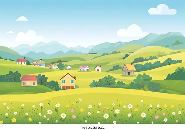 Beautiful Green Hills Landscape With Houses