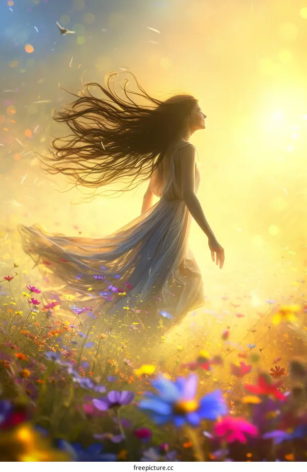 An illustration of a woman walking through a field of flowers