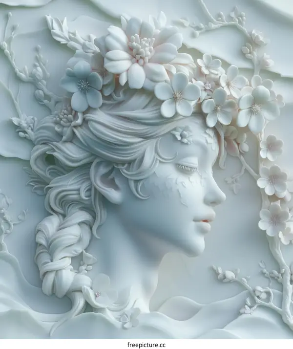 Sculptural Portrait of a Woman with Floral Accents